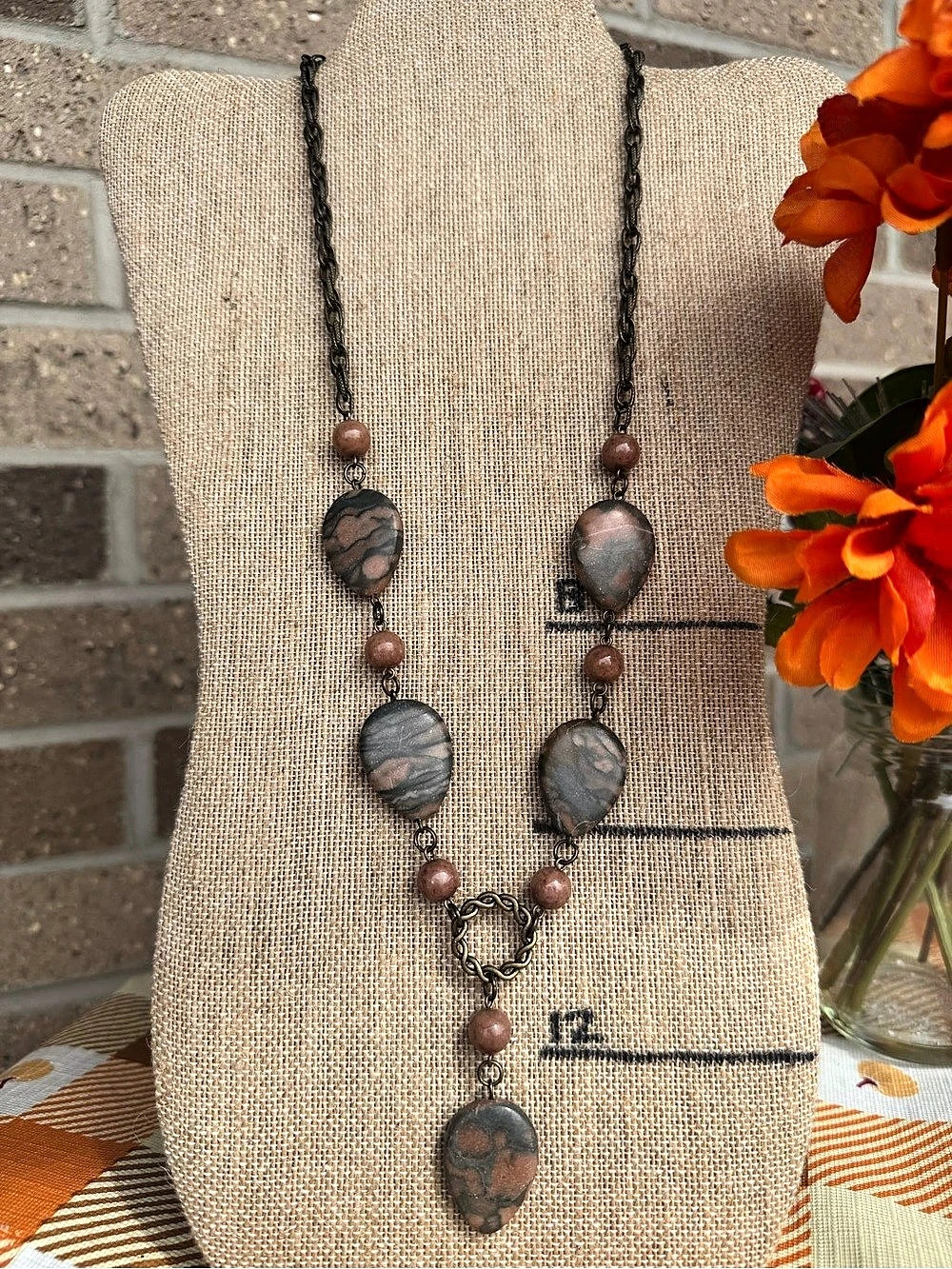 Boho Earth Tone Stone Y-Drop Pendant Statement Necklace
